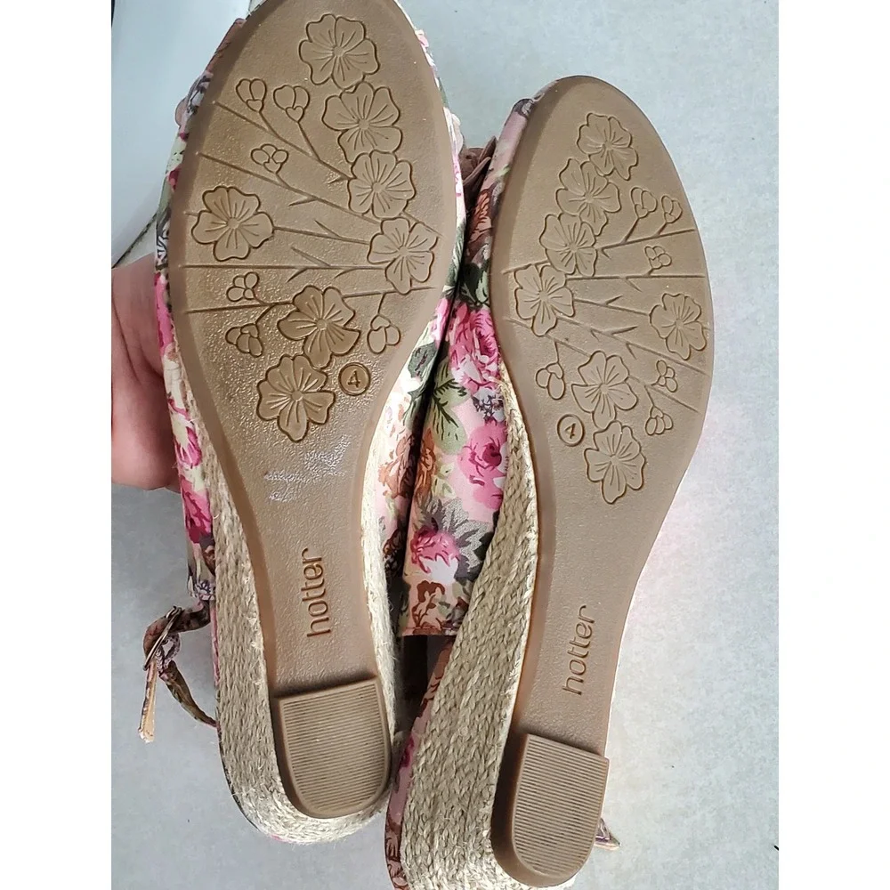 Hotter Floral Espadrille‎ Wedges Pink Peep Toe Slingback Flower Sandals US6